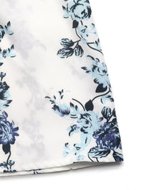Floral Print Tie Front Wide Leg Pants close-up of floral design in shades of blue on fabric.