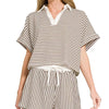 Zenana Striped Collared Top & Shorts Set