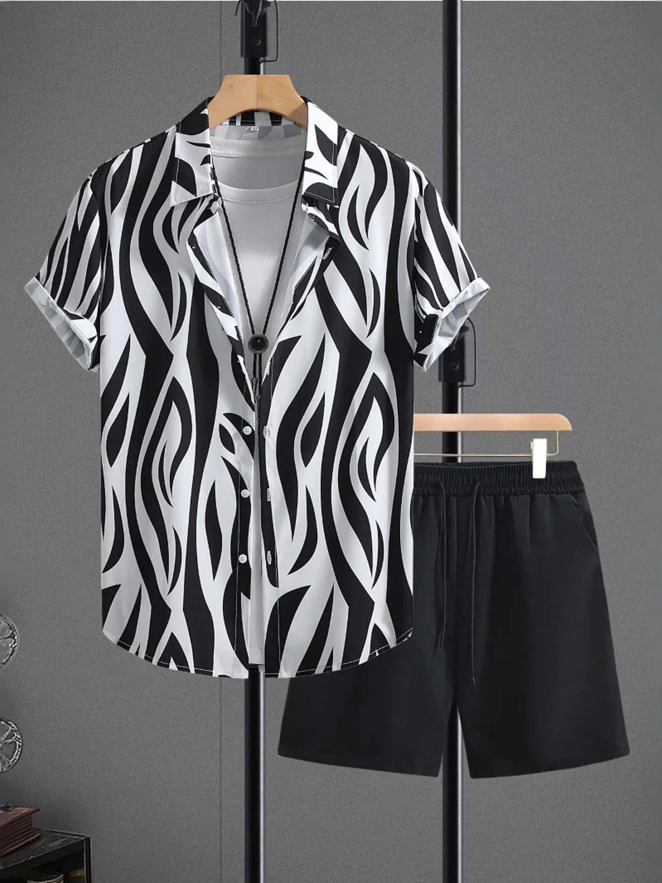 Men's zebra-print short-sleeve shirt and shorts set