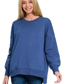 Zenana Fleece Hi-low Boyfriend Sweatshirts with Pockets in Lt Navy on model, featuring a relaxed fit and stylish hi-low hem.