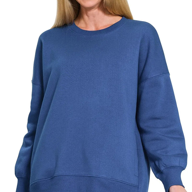Zenana Fleece Hi-low Boyfriend Sweatshirts with Pockets in Lt Navy on model, featuring a relaxed fit and stylish hi-low hem.