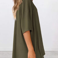 Full Size Oversized Slit Round Neck Top and Shorts Lounge Set Plus Size model wearing olive green oversized top at side view