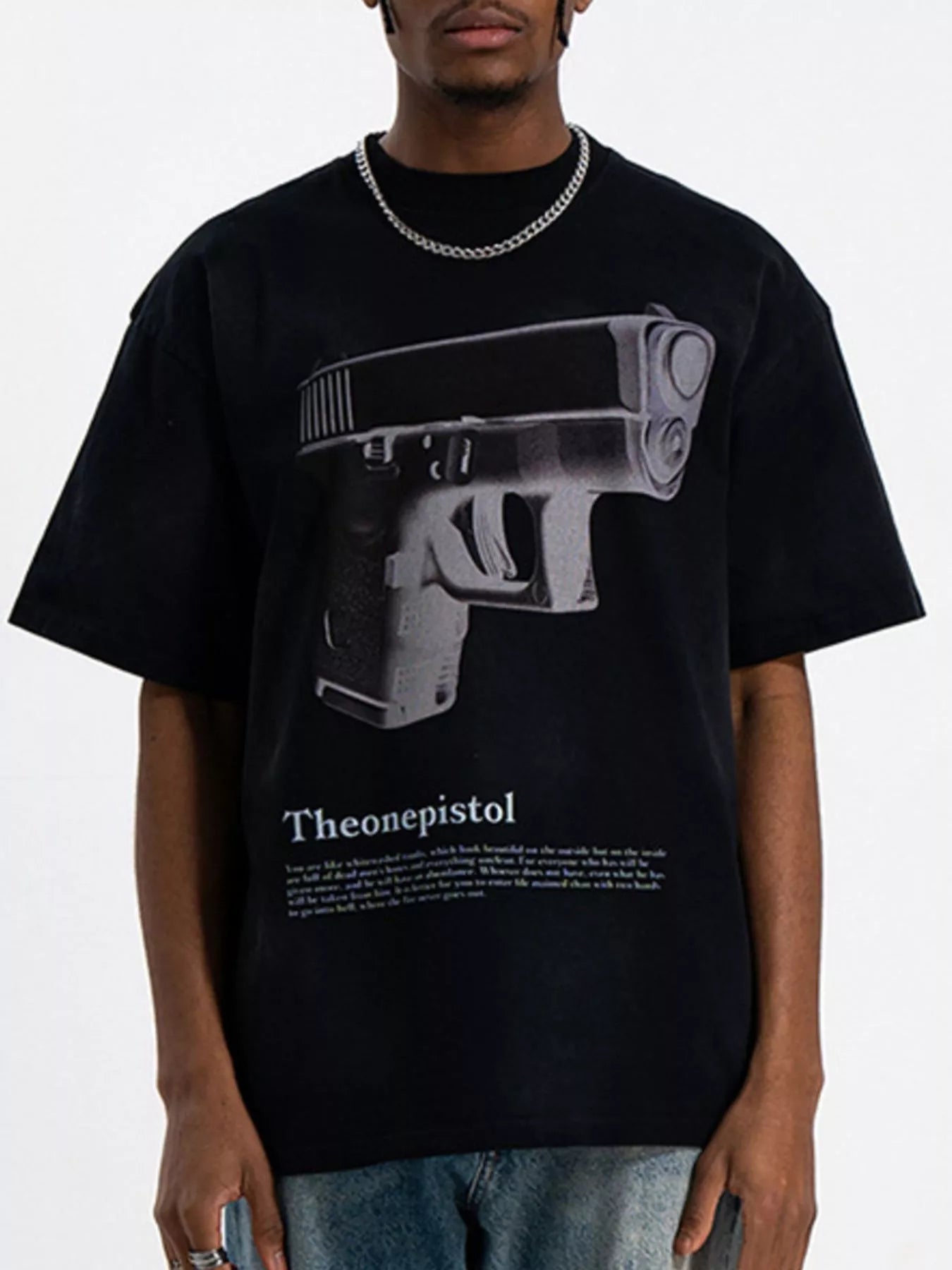 Men's Graphic Round Neck Oversized T-Shirt featuring gun print design, oversized fit, and black color.