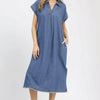 Umgee Stone Washed Collared Denim Midi Dress