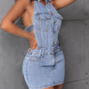 Backless Sleeveless Button Front Denim Mini Dress