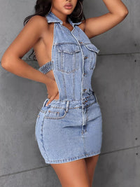 Backless Sleeveless Button Front Denim Mini Dress showcasing button front, backless design, and a stylish denim fabric.