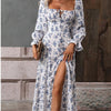 Floral Print Square Neck Flounce Sleeve Dress with Side Slit
