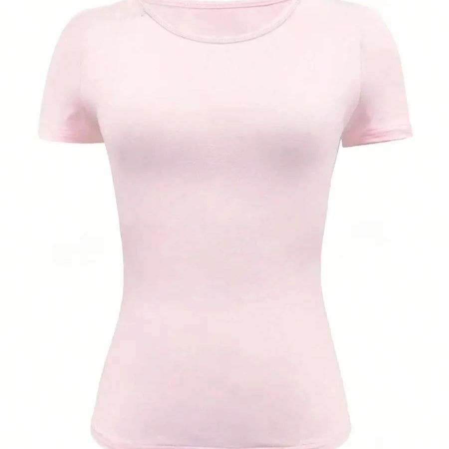 Round Neck Short Sleeve T-Shirt in light pink with a fitted style and short sleeves.