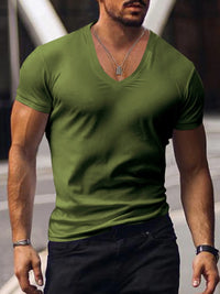 Men's plus size v-neck t-shirt in green color, perfect for casual wear and fully comfortable.