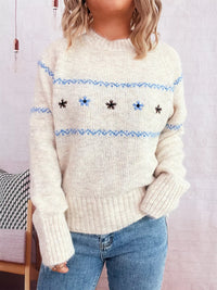 Ribbed Hem Flower Long Sleeve Sweater featuring delicate flower detailing and ribbed hemming in a cozy design.