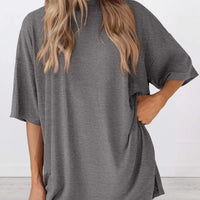 Full Size Oversized Slit Round Neck Top and Shorts Lounge Set Plus Size in gray, featuring a relaxed fit and soft material.