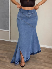 High-Waist Asymmetrical Slit Denim Maxi Mermaid Skirt showcased on a model, emphasizing its stylish cut and design.