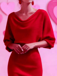 Cowl Neck Bodycon Midi Dress in red, showcasing ruched design and elegant silhouette, perfect for stylish occasions.