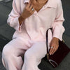 Polo Collar Top and Wide Leg Pants Knit Set