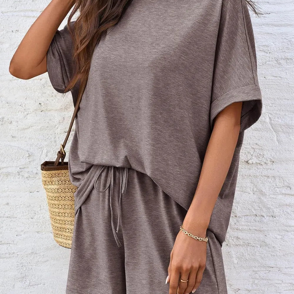 Round Neck T-Shirt and Drawstring Shorts Set in soft brown fabric with relaxed fit and drawstring waist design.