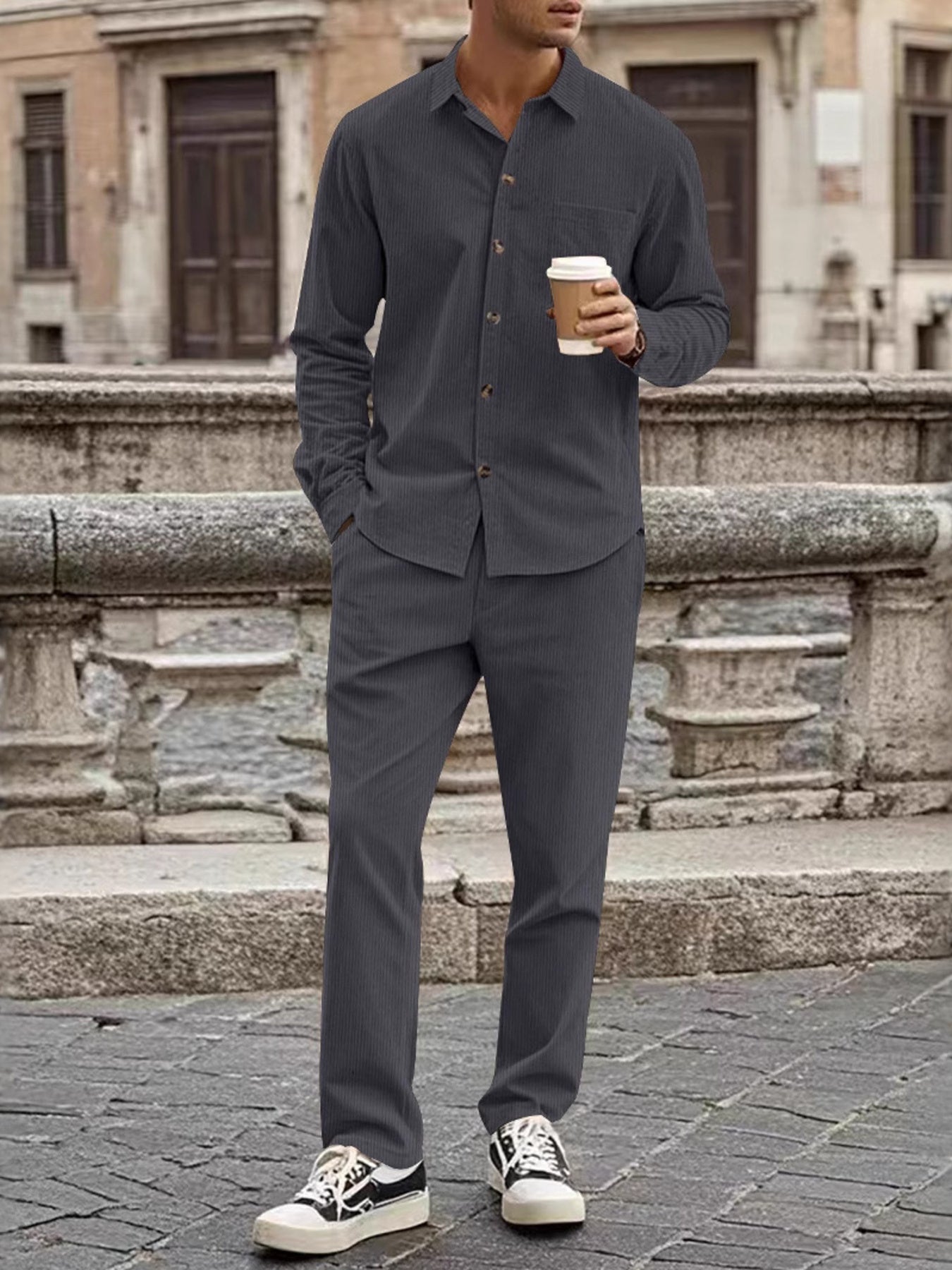 Men's long-sleeve button-up shirt and matching pants set