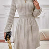 Smocked Round Neck Long Sleeve Knee Length Dress