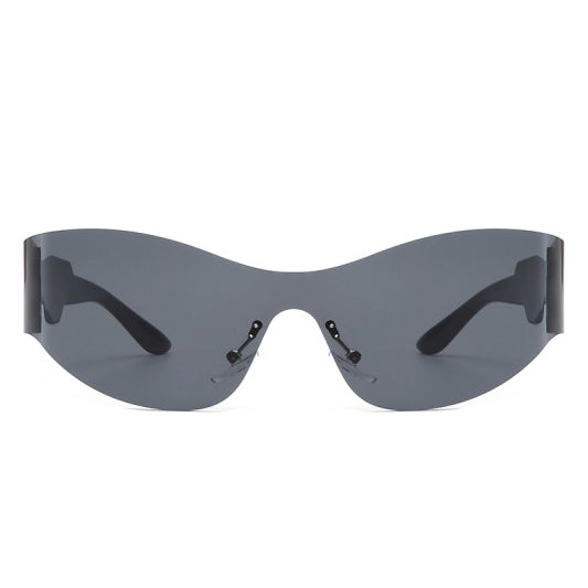 Rimless Shield Futuristic Sunglasses with wraparound lens and bold side detailing for a sporty look.