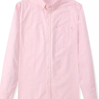 Men's Full Size Button Up Long Sleeve Shirt Plus Size in pink color with buttoned front and pocket.