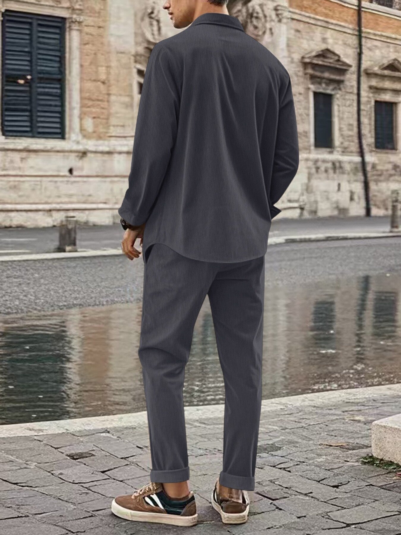 Men's long-sleeve button-up shirt and matching pants set