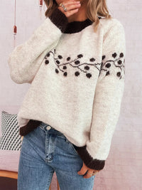 Contrast Hem Round Neck Sweater in cream and brown with floral pattern, perfect for a stylish casual look.