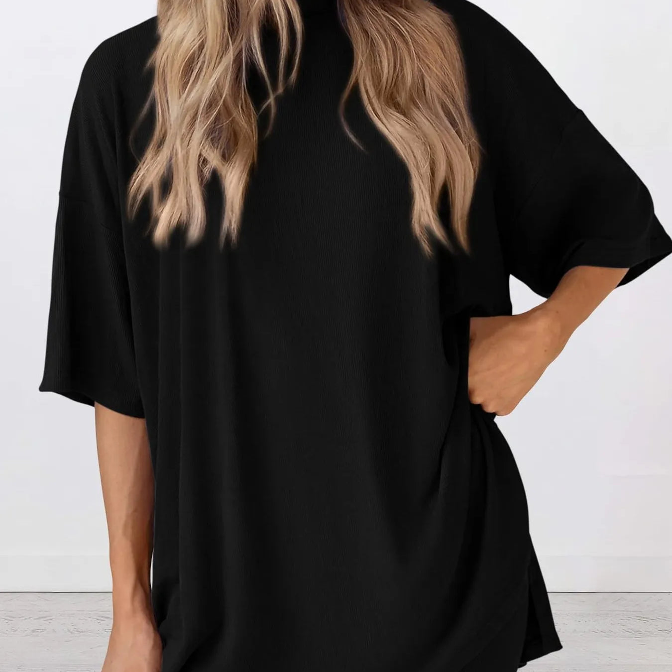 Full Size Oversized Slit Round Neck Top and Shorts Lounge Set Plus Size in black with relaxed fit.