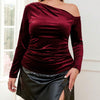 Plus Size Velvet One-Shoulder Long Sleeve Blouse
