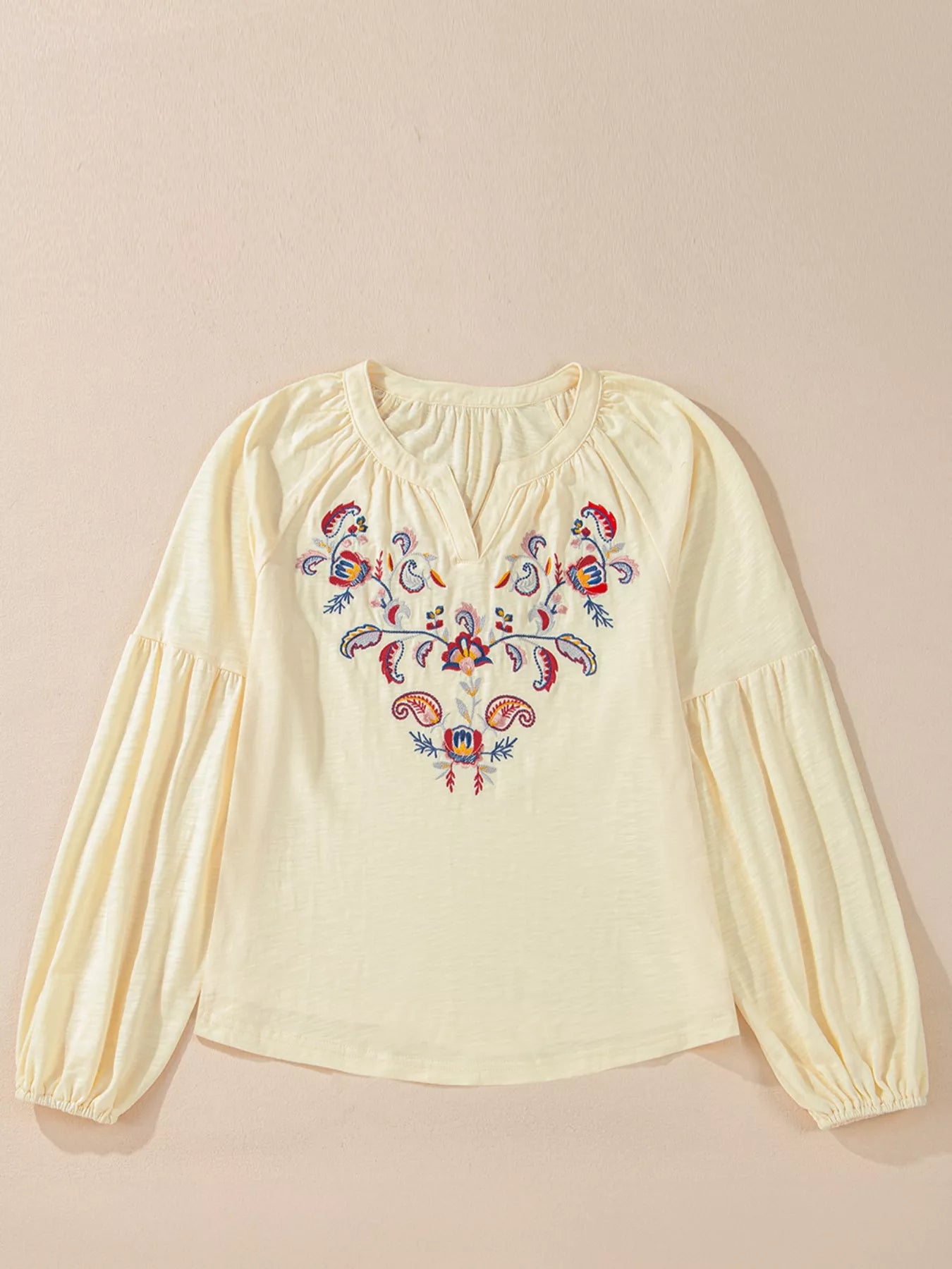 Embroidered Notched Balloon Sleeve Blouse featuring colorful embroidery on a soft, light fabric.