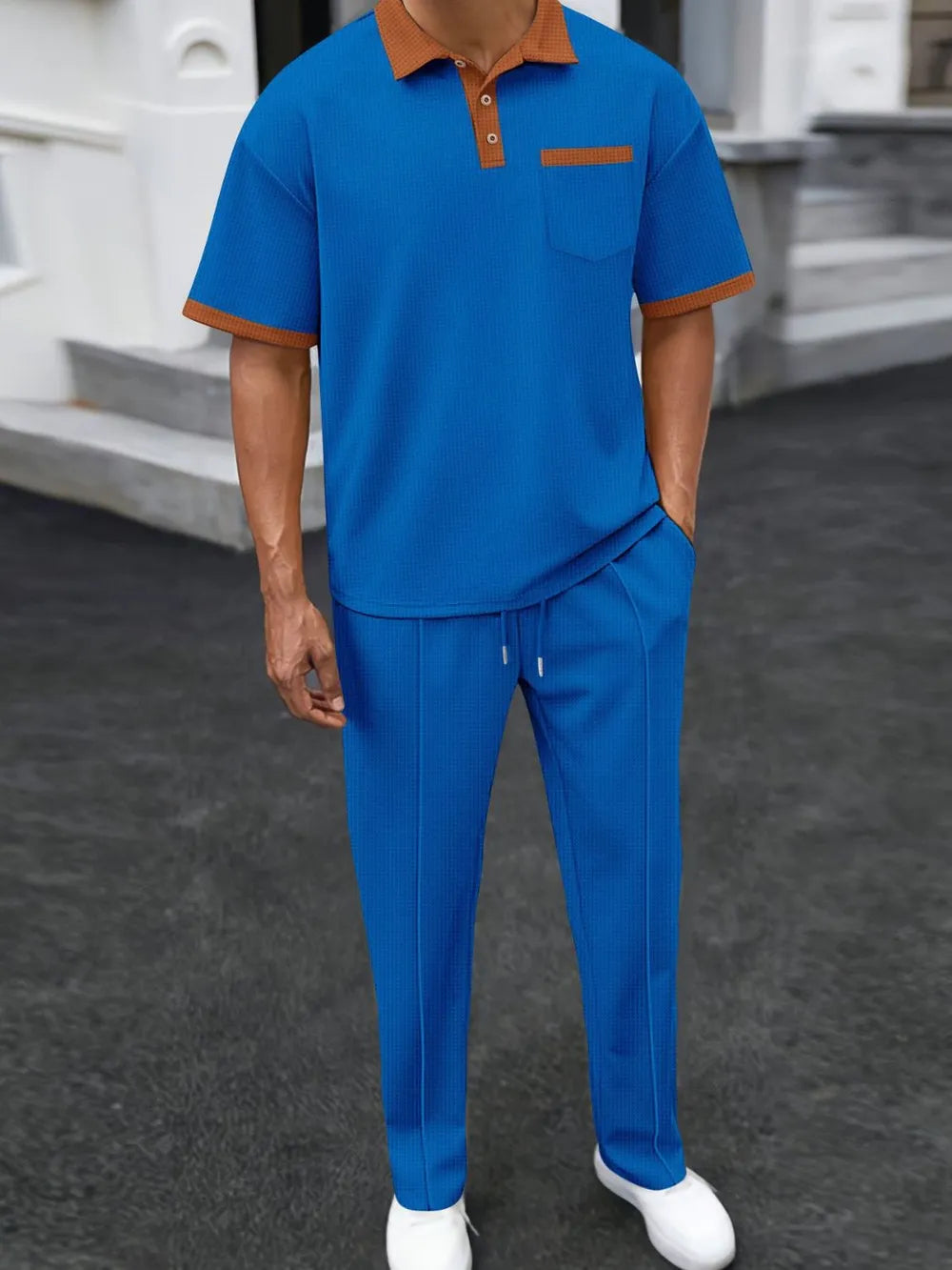 Men's full size waffle-knit contrast polo and pants set plus size in blue color, featuring a pocket and comfortable fit.