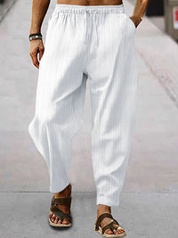 Men's full size drawstring pants with pockets plus size in white stripes, comfortable for casual wear.