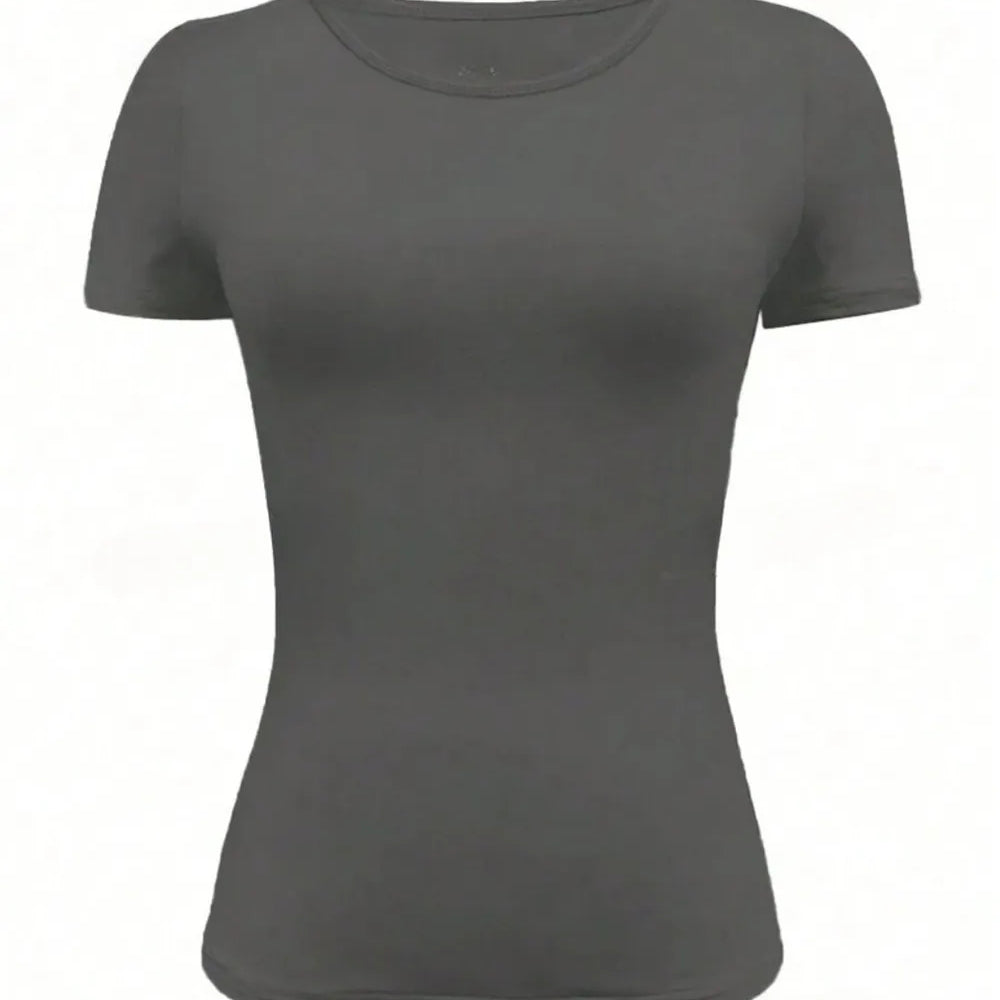 Round Neck Short Sleeve T-Shirt in dark gray, featuring a basic style with moderate stretch.