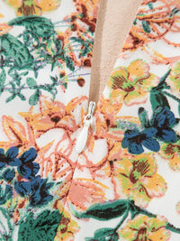 Close-up of floral print fabric showcasing the zipper of the Floral Print Ruffle Hem Mini Dress.