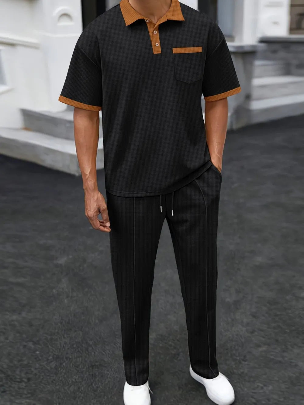 Men's full size waffle-knit contrast polo and pants set plus size, featuring basic style and moderate stretch.