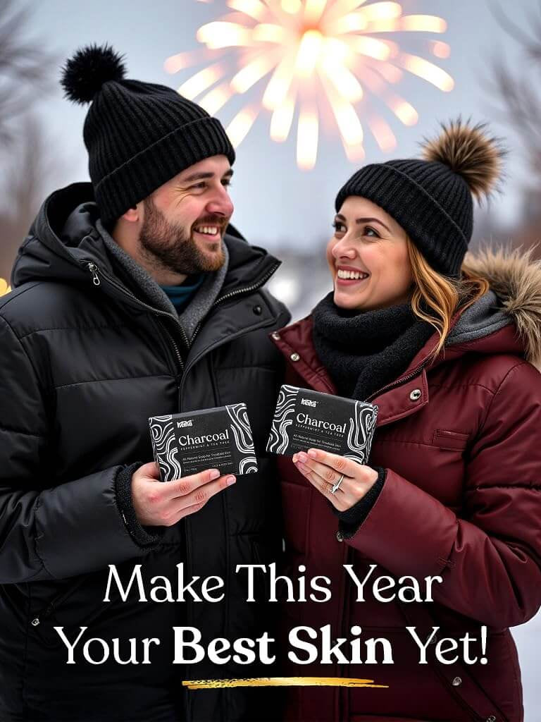 Couple holding Keika Charcoal Black Soap Bars outdoors, celebrating skin health with fireworks in the background.