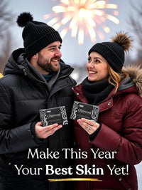 Couple holding Keika Charcoal Black Soap Bars outdoors, celebrating skin health with fireworks in the background.