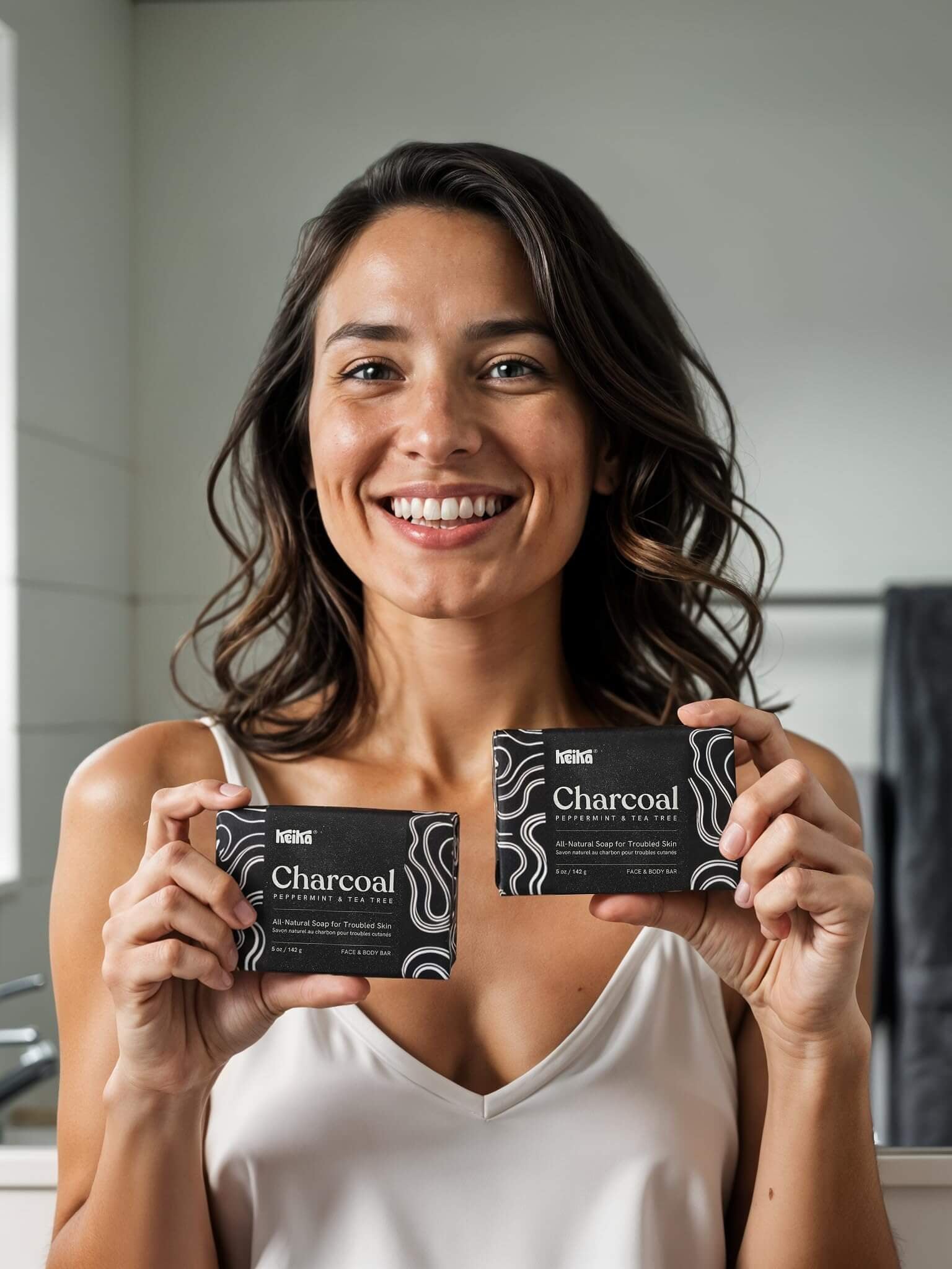 Woman holding Keika Charcoal Black Soap Bars in a bathroom, promoting skincare for eczema and oily skin.