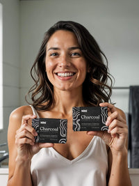 Woman holding Keika Charcoal Black Soap Bars in a bathroom, promoting skincare for eczema and oily skin.