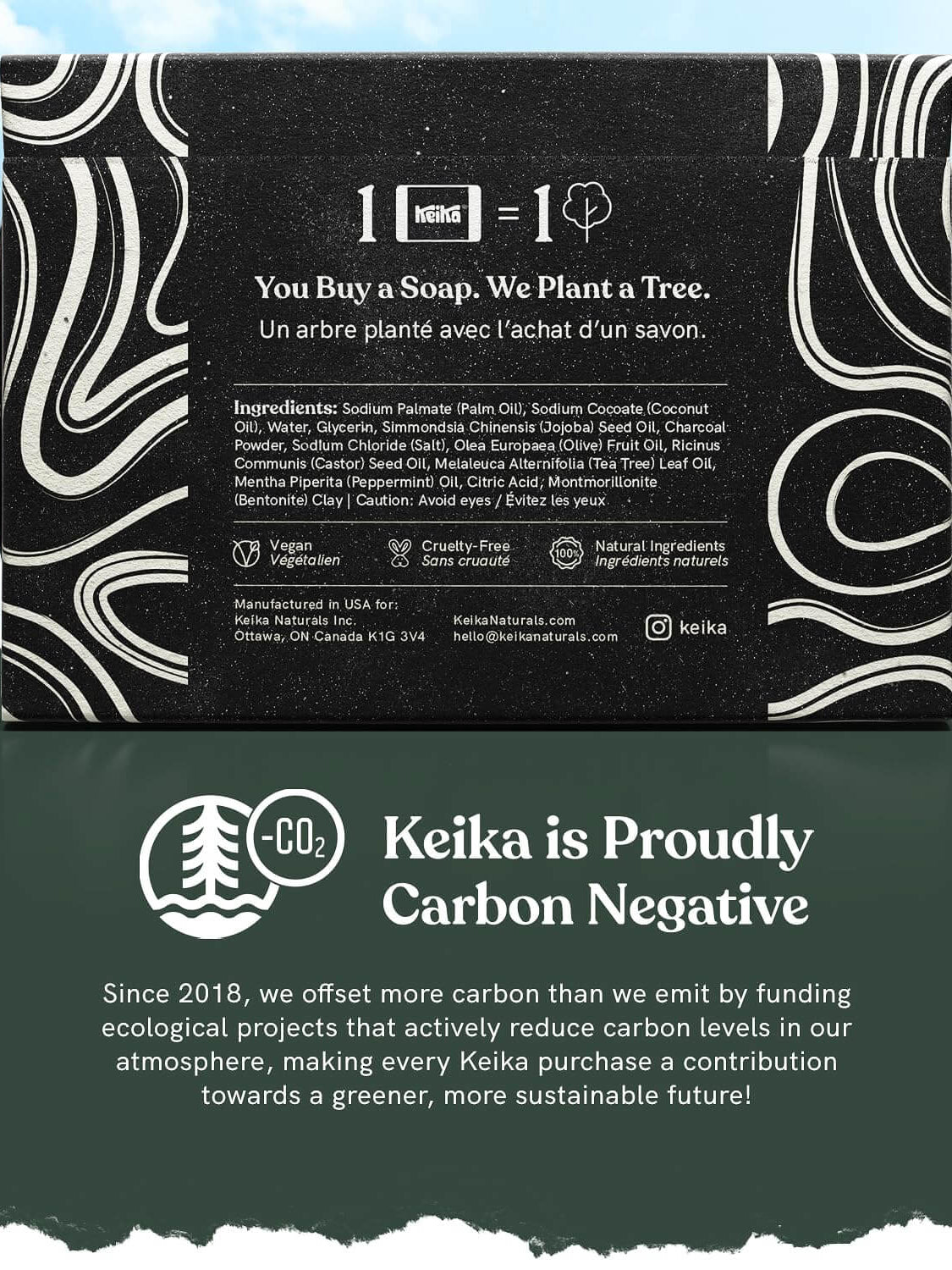 Keika Carbon Negative soap packaging highlighting eco-friendly initiatives and ingredients for skincare.
