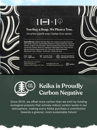 Keika Carbon Negative soap packaging highlighting eco-friendly initiatives and ingredients for skincare.
