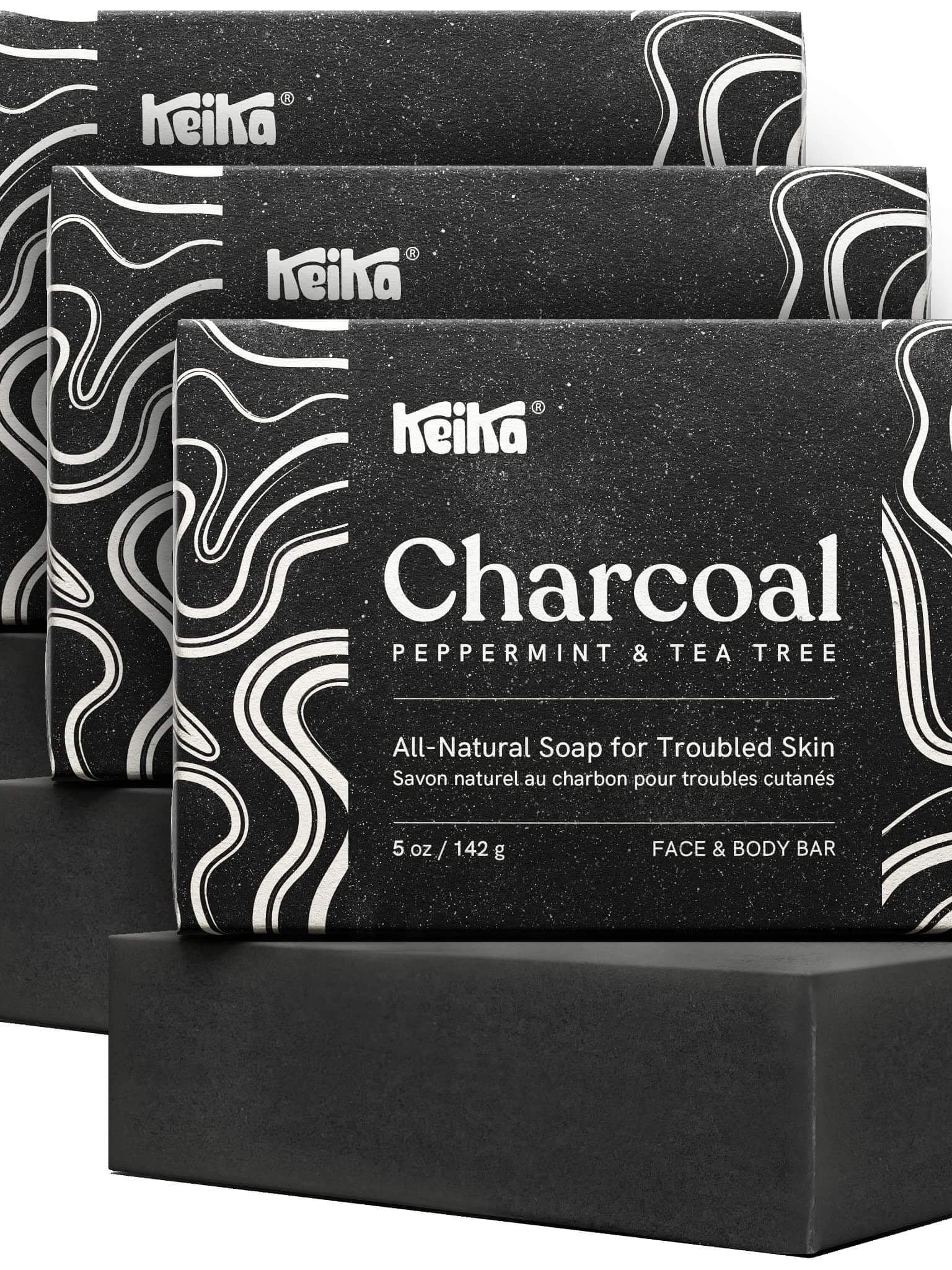 Keika Charcoal Black Soap Bar 3-Pack for eczema, psoriasis, oily skin, 5 oz, made with natural ingredients.