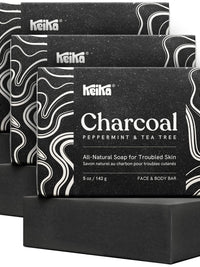 Keika Charcoal Black Soap Bar 3-Pack for eczema, psoriasis, oily skin, 5 oz, made with natural ingredients.
