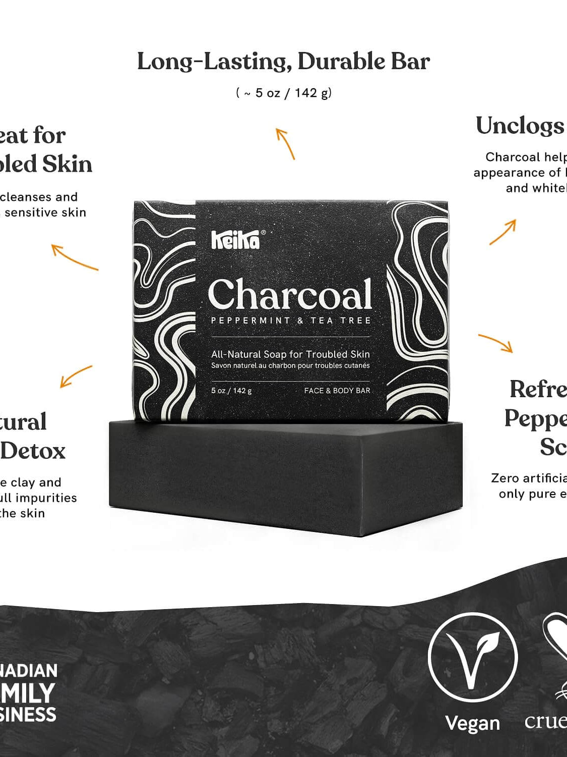 Keika Charcoal Black Soap Bar for troubled skin, natural detox, vegan, face and body, 5 oz with peppermint scent.