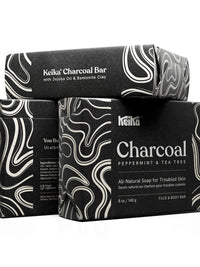 Keika Charcoal Soap Bar packaging, all-natural soap for troubled skin with jojoba oil and bentonite clay, 5 oz.