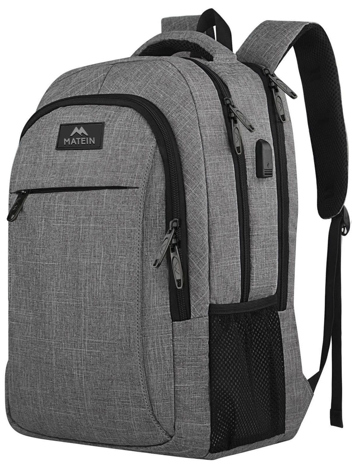 MATEIN Travel Laptop Backpack in austere grey with multiple pockets and USB charging port, ideal for business and school use.