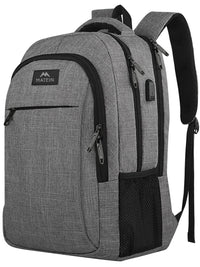 MATEIN Travel Laptop Backpack in austere grey with multiple pockets and USB charging port, ideal for business and school use.
