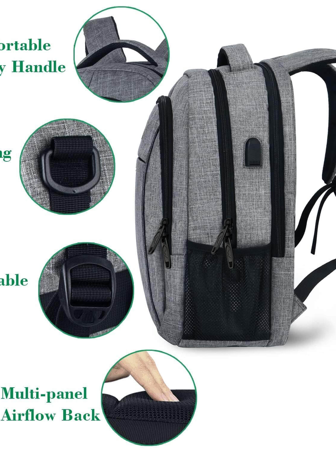 MATEIN travel laptop backpack features sturdy handle, adjustable straps, hanging clasps, and multi-panel airflow back in grey.