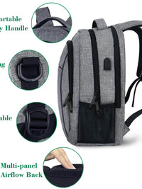 MATEIN travel laptop backpack features sturdy handle, adjustable straps, hanging clasps, and multi-panel airflow back in grey.