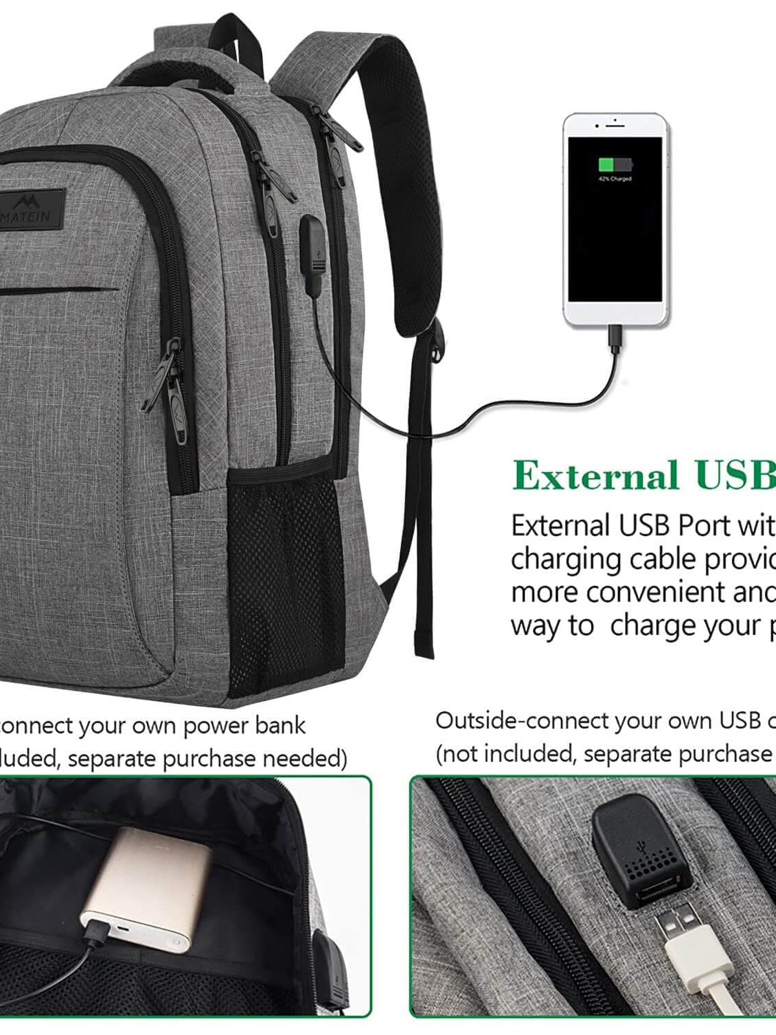 MATEIN Travel Laptop Backpack with external USB port for convenient phone charging, designed in austere grey.