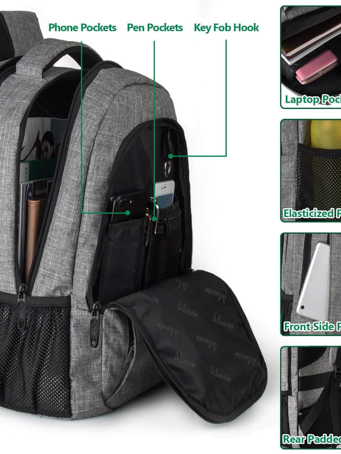 Interior view of MATEIN Travel Laptop Backpack featuring multiple storage pockets for tech accessories and organization.