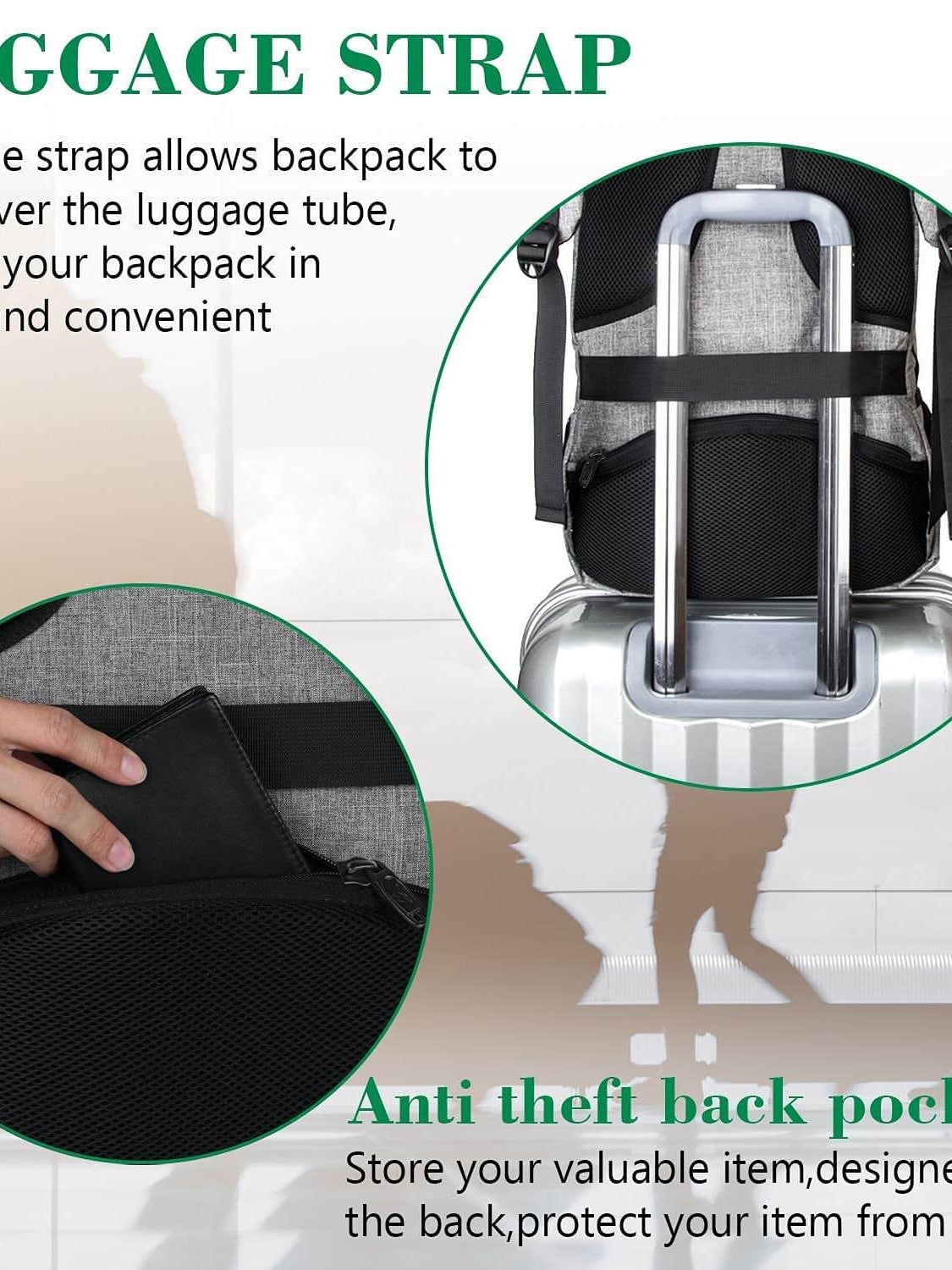 MATEIN Travel Laptop Backpack features a luggage strap for convenience and an anti-theft back pocket for security.